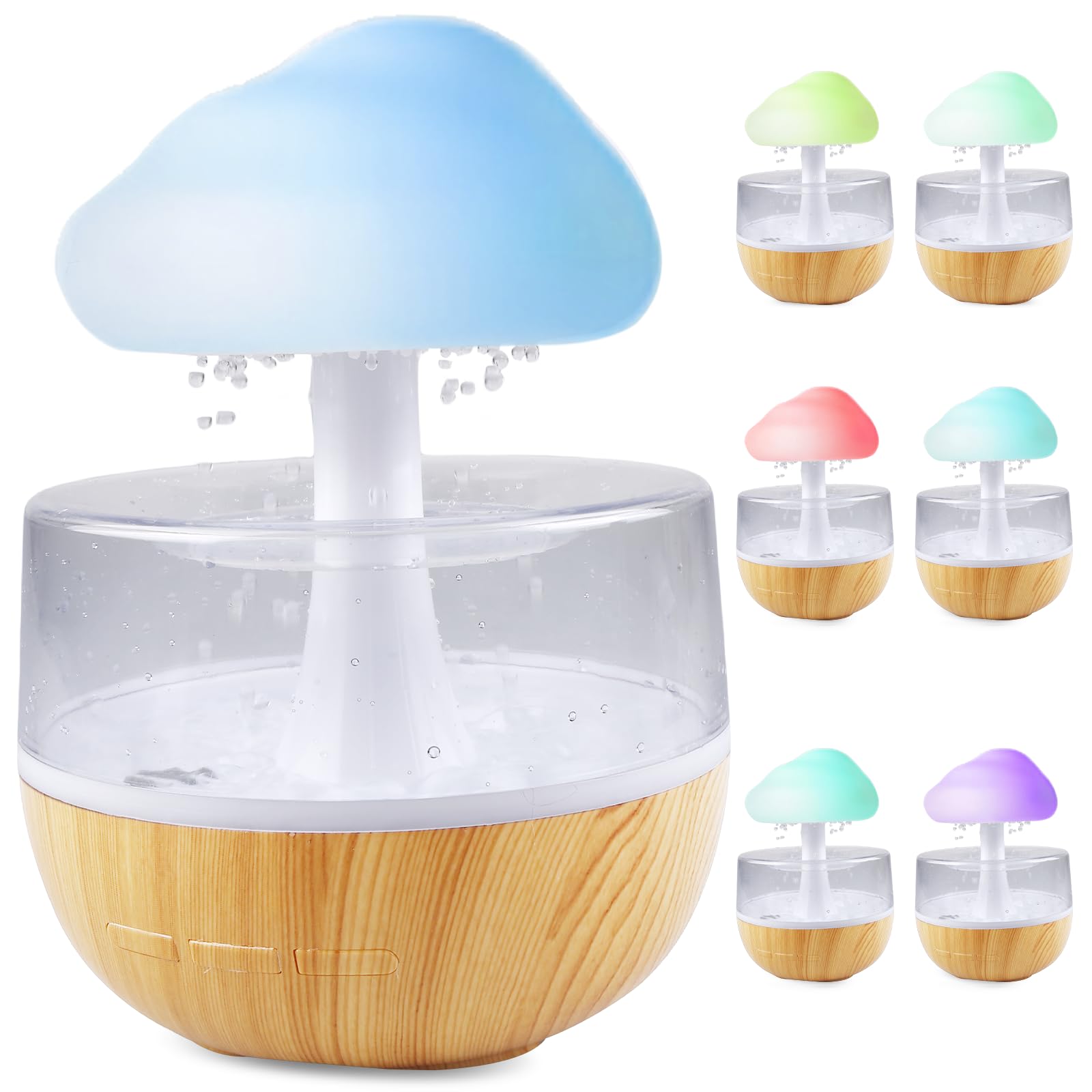 Nuages de pluie Humidificateur avec veilleuse : fontaine à eau nuageuse 3 en 1, diffuseur d'huiles essentielles, 7 couleurs veilleuse, bureau, table