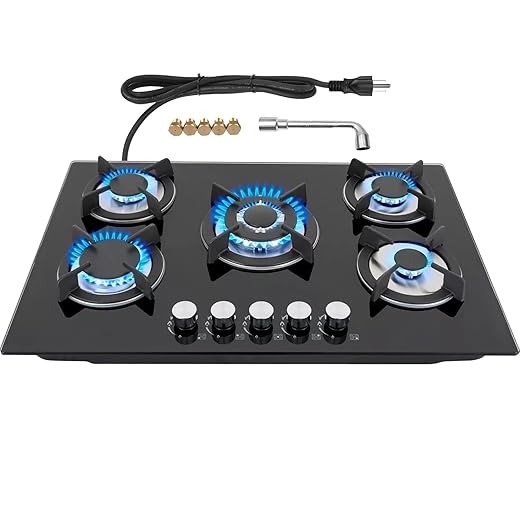 30in Countertop Gas Cooktop - 5 Burner Tempered Glass Stove Top, NG/LPG Convertible, Default for Propane Gas for RVs