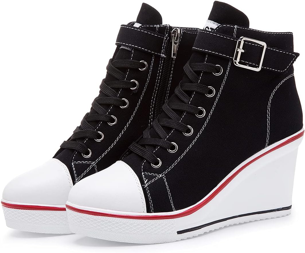 Mei MACLEOD Wedge Heel Sneaker for Women High Heel Sneaker Side Zipper/Lace Up Canvas Shoes for Ladies College Students