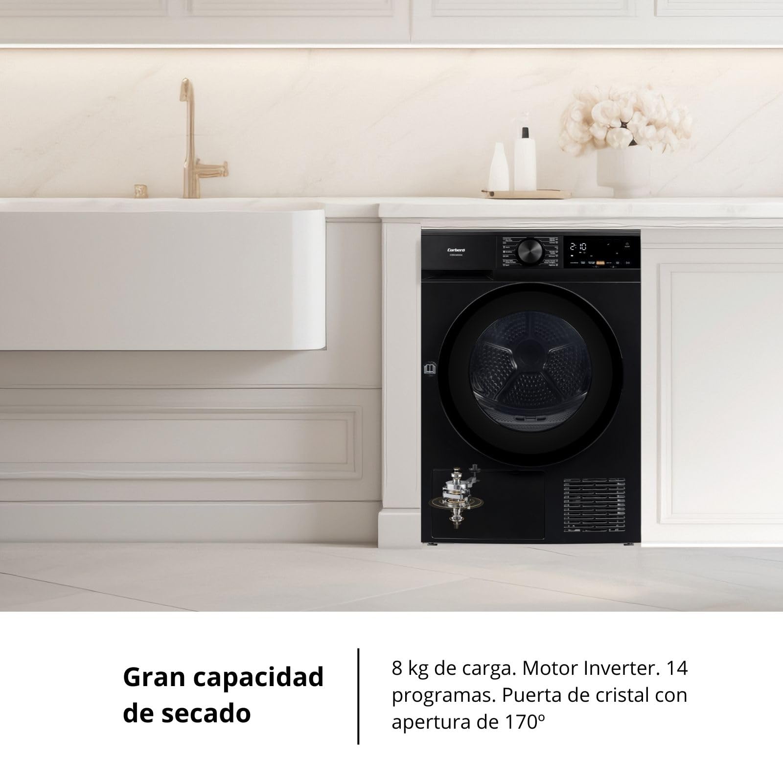 Corberó - Secadora Bomba de Calor Excellence | CSBCM850N | 8 kg | 84,5 x 60 x 59,5 cm | Motor Inverter | 5 Niveles de Secado | Purificación Luz UV | Tambor Inox | 65 dB | Negro | Clase C