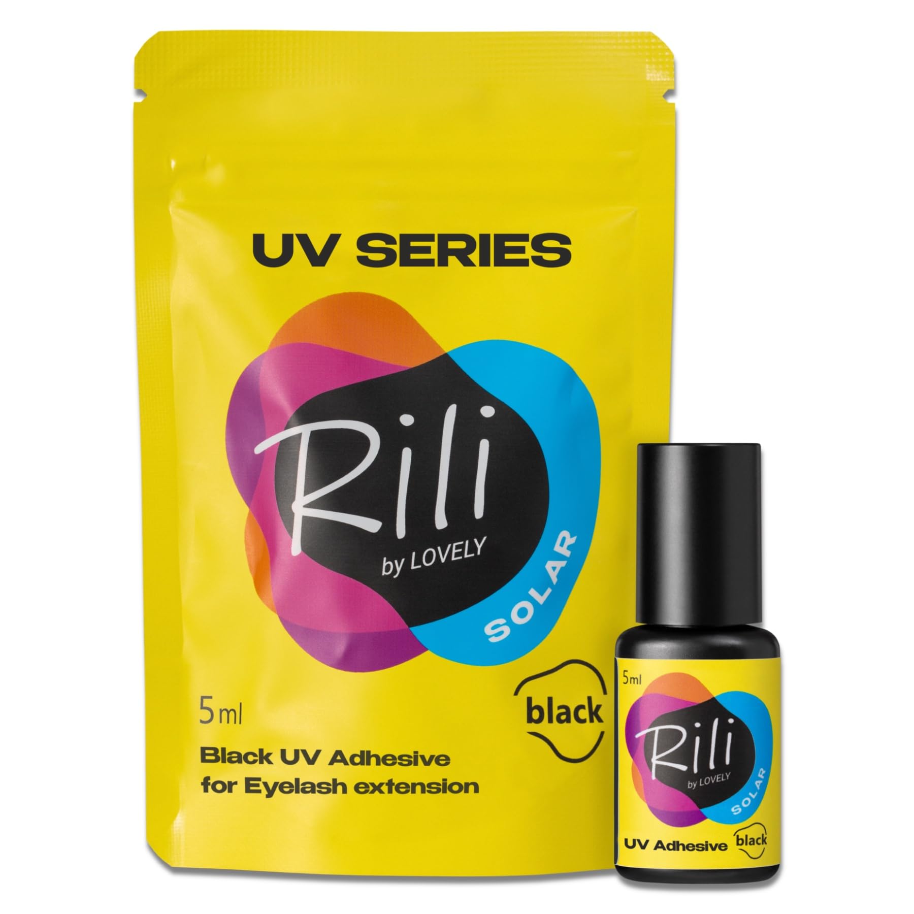 LOVELY Rili SOLAR UV Wimpernkleber Schwarz 5ml für Wimpernverlängerung mit UV Licht - geringe Dämpfe, sofortiges Aushärten, zuverlässige Haftung bei jedem Klima - für Fremdanwendung & Studios geeignet