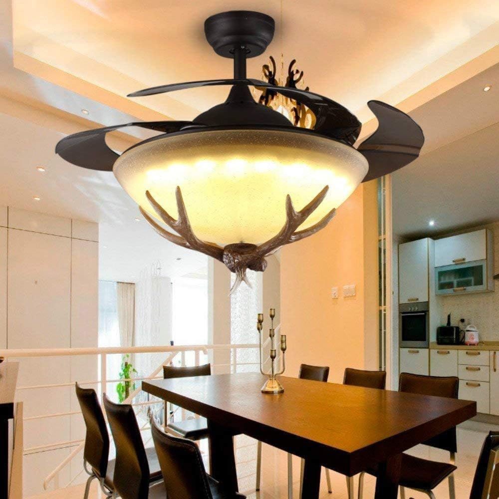 42” Invisible Reversible Ceiling Fan with LED Lights & Remote, 4 Retractable Blades Fan Chandeliers for Livingroom, Indoor Industrial Retro Antlers Ceiling Light Kits with Fans(Black)