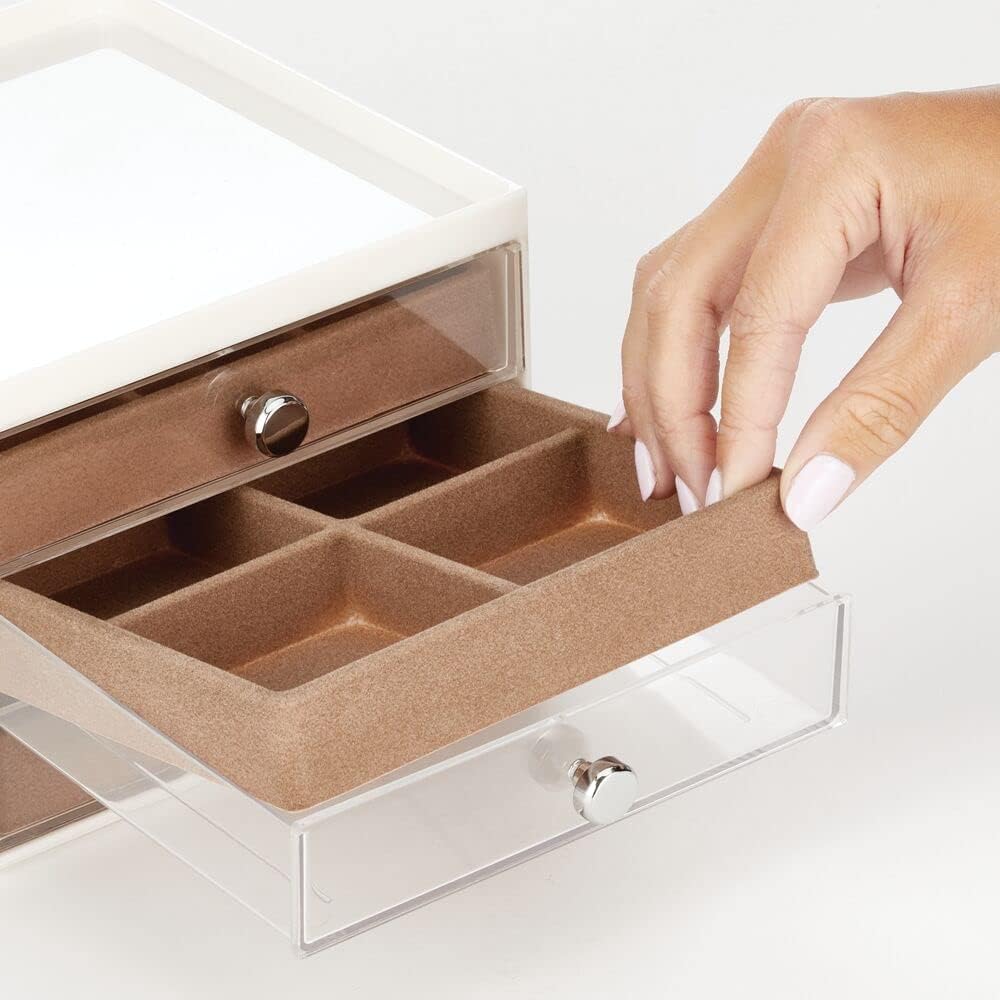 mDesign Plastic Small 3-Drawer Jewelry Organizer Box for Storage on Dresser, Vanity, Countertop - Holds Earrings, Bracelets, Necklaces, Bangles, Rings, 2 Pack - Cream/Brown