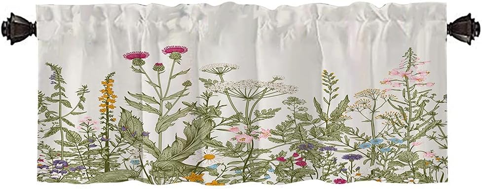 GROOTEY Floral Plant Kitchen Valances Flower Herbs Wild 52X18Inch Valances for Windows Nature Scenery Summer Field Vegetation Wallpaper Valance Window Treatments Bathroom, Grey