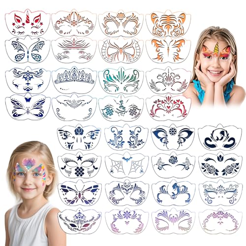 32 Pcs Reusable Face & Body Paint Stencils Kit, Face Tattoo Painting Templates for Kids Face...