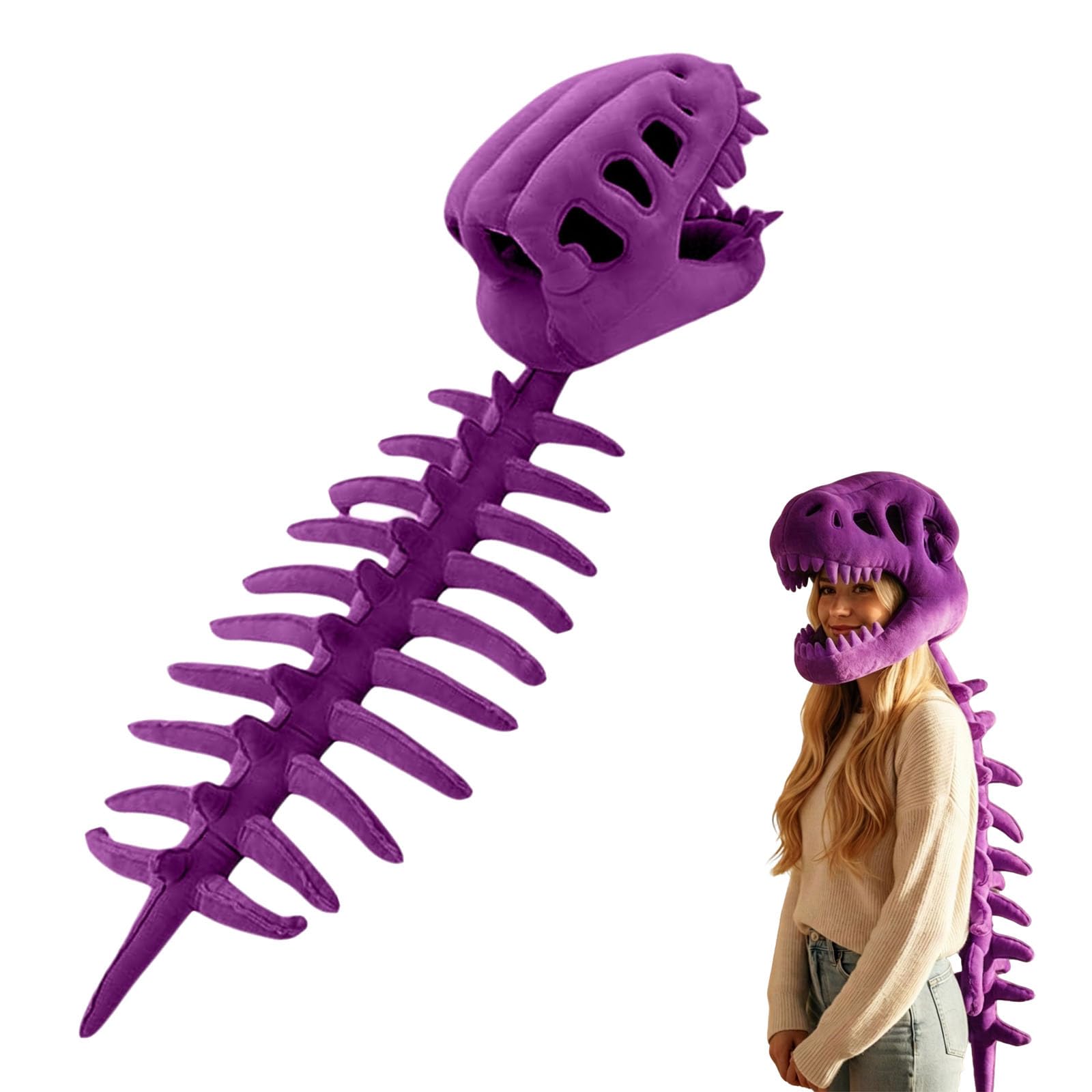 Dinosaur Skeleton Costume, Plush Skeleton Costume for Kids & Adults - Silly Spinosaurus Plush Outfit with 3D Realistic Skull Prop, Cozy Hat with Spine for Halloween Cosplay (Purple, Kids(80cm)) — image 1