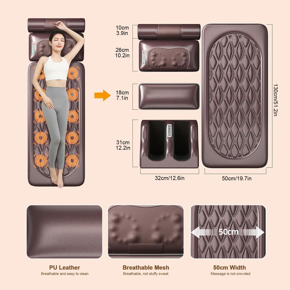 Colchoneta De Masaje con Calor y 10 Motores para Cuerpo Completo | Colchón de masaje vibratorio de piel sintética con almohada cervical desmontable y airbag lumbar
