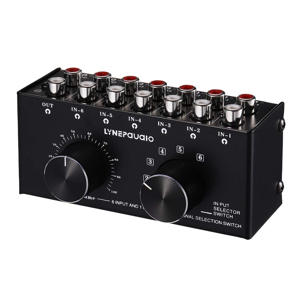 Conmutador de 6 entradas y 1 salida, conmutador de fuente de audio RCA, interruptor selector de señal de entrada de audio con ajuste de volumen e interruptor manual
