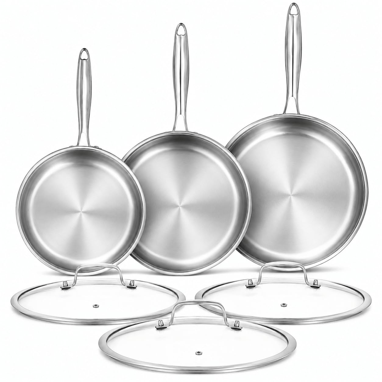 Nontoxicook Tri-ply Stainless Steel Frying Pan Set 24cm/28cm/30cm with 3 Lids Induction Large Skillets Chef's Pan,Pots and Pans Set Kitchen Cookware Set Suitable for All Stove