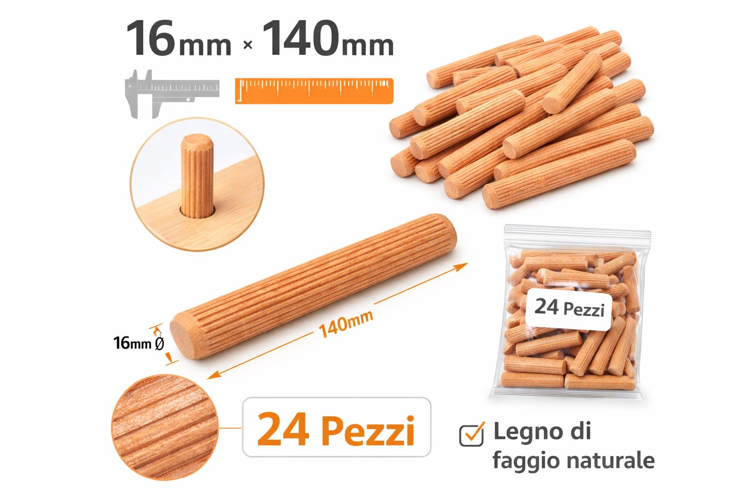 Perni di Giunzione in Legno di Faggio 24 Spine 16 x 140 mm Scanalate per Carpenteria e Strutture in Legno Massello