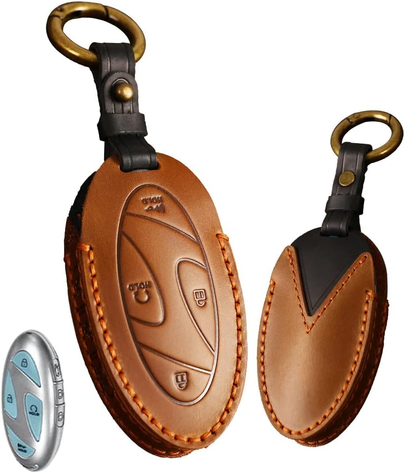 ontto 7-Button Key Fob Sleeve with Keychain Compatible with Hyundai Azera Grandeur GN7 Ioniq 6 Kona EV 2023 Smart Remote Keycase Genuine Leather Car Key Jacket Brown 7-button Brown