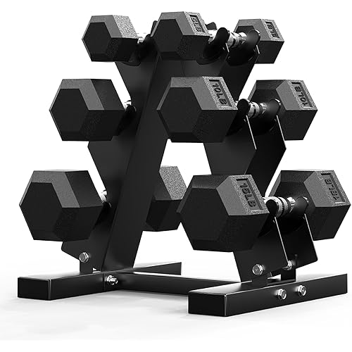PAPABABE Hex Dumbbell Set with Rack - Rubber Coated Cast Iron Weights, Non-Slip Chrome Handles, Space-Saving Home Gym Set for Strength Training, Floor Protection & Noise Reduction