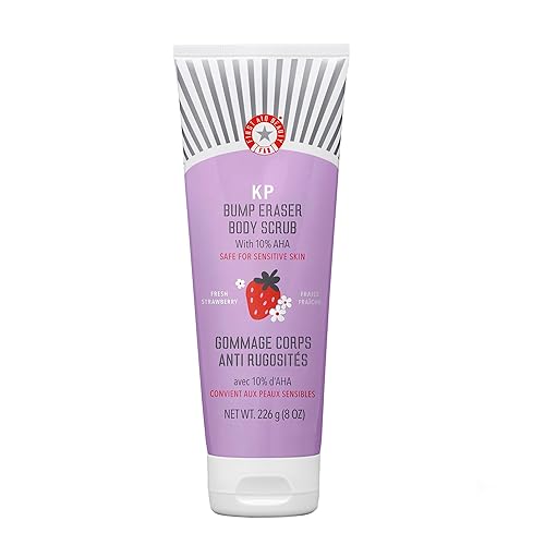 First Aid Beauty - KP Bump Eraser Body Scrub with 10% AHA, Keratosis Pilaris Exfoliator with Glycolic and Lactic acids, Helps Reduce Chicken Skin Bumps, Safe for Sensitive Skin, Strawberry Scent, 8 oz