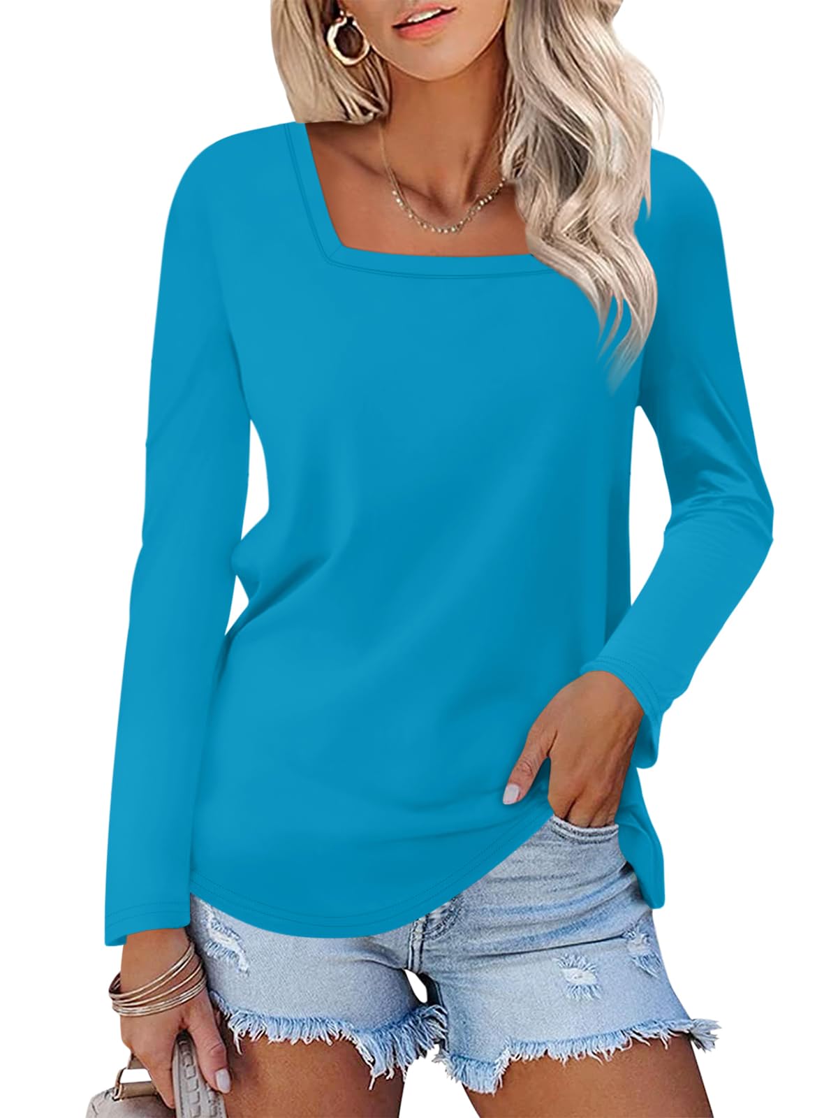 TICTICMISS Women's Long Sleeve Shirts Square Neck Tunic Tops Dressy Casual Basic Tees Blouse Loose Fit