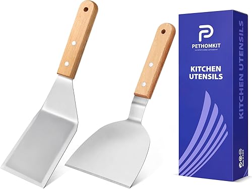 Juego de espátulas de metal, espátulas de plancha para pescado, espátula de acero inoxidable con mango de madera, espátulas con bordes biselados