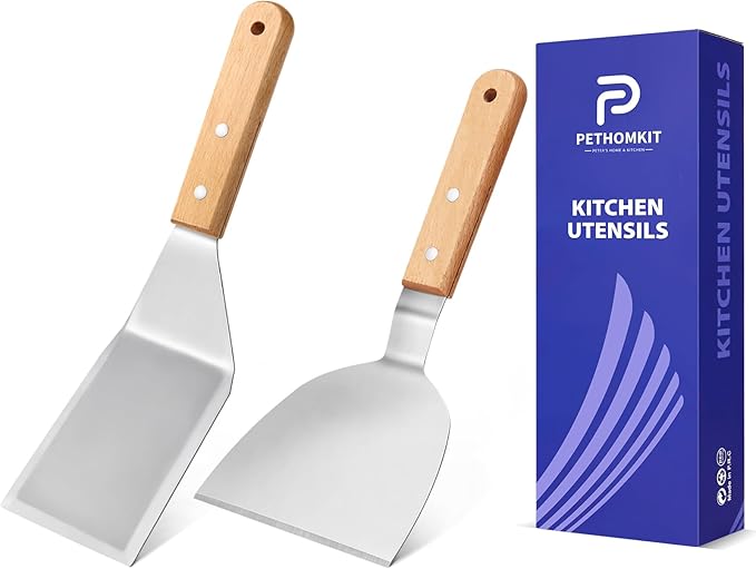 Small Metal Spatula Set,Mini Wooden Spatulas for Kitchen Use,Tiny Griddle Solid Stainless Steel Spatula With Wood Handle for Cake Fish Cookie,Grill Chef Baking Scraper Spatula Turner,2 Pack,Sliver