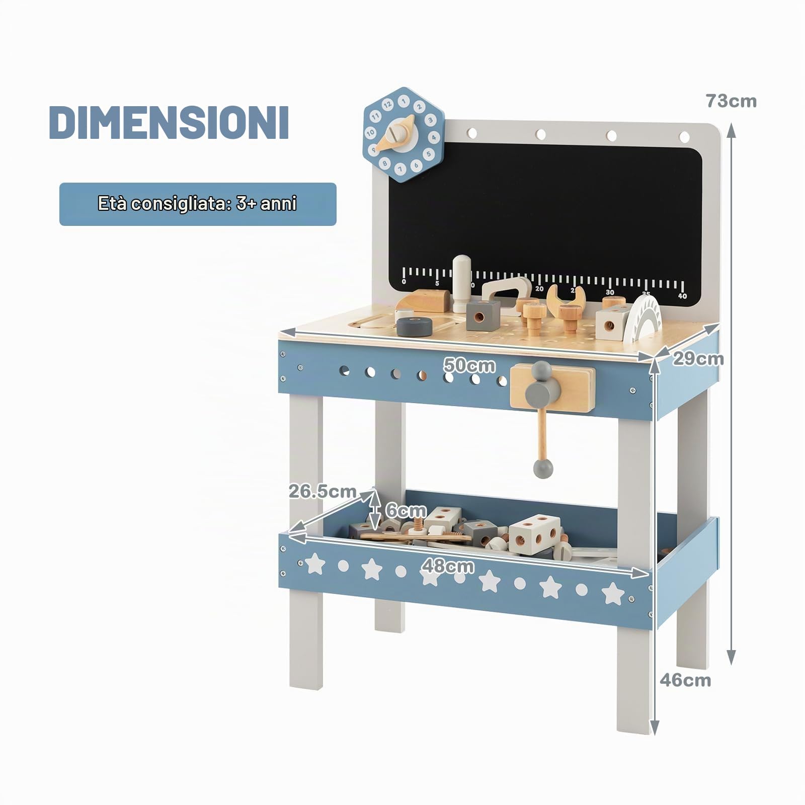 HOMASIS Banco da Lavoro per Bambini, Tavolo Lavoro Bambini in Legno con Lavagna, Banchetto da Lavoro Bambini con Orologio e 61 Accessori, Giocattolo di Costruzione per Bambini, 3+ anni, Blu