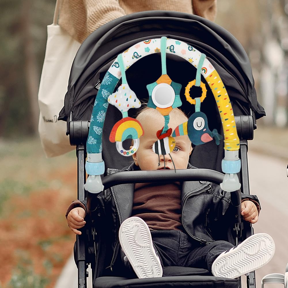 caterbee Barre de Jouets pour balançoire pour bébé, Jouet pour Poussette, Accessoire pour lit bébé et Barre d'activité pour Landau. Arche de Voyage, Jouets pour Berceau pour Tout-Petits.(Sky)