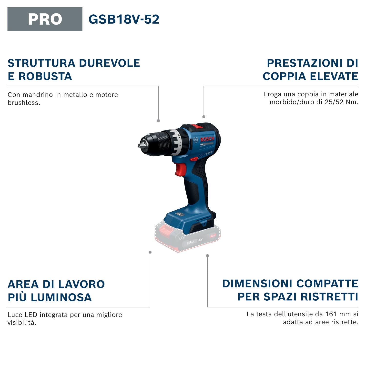 Bosch PRO 18V System Trapano-avvitatore a percussione a batteria GSB18V-52