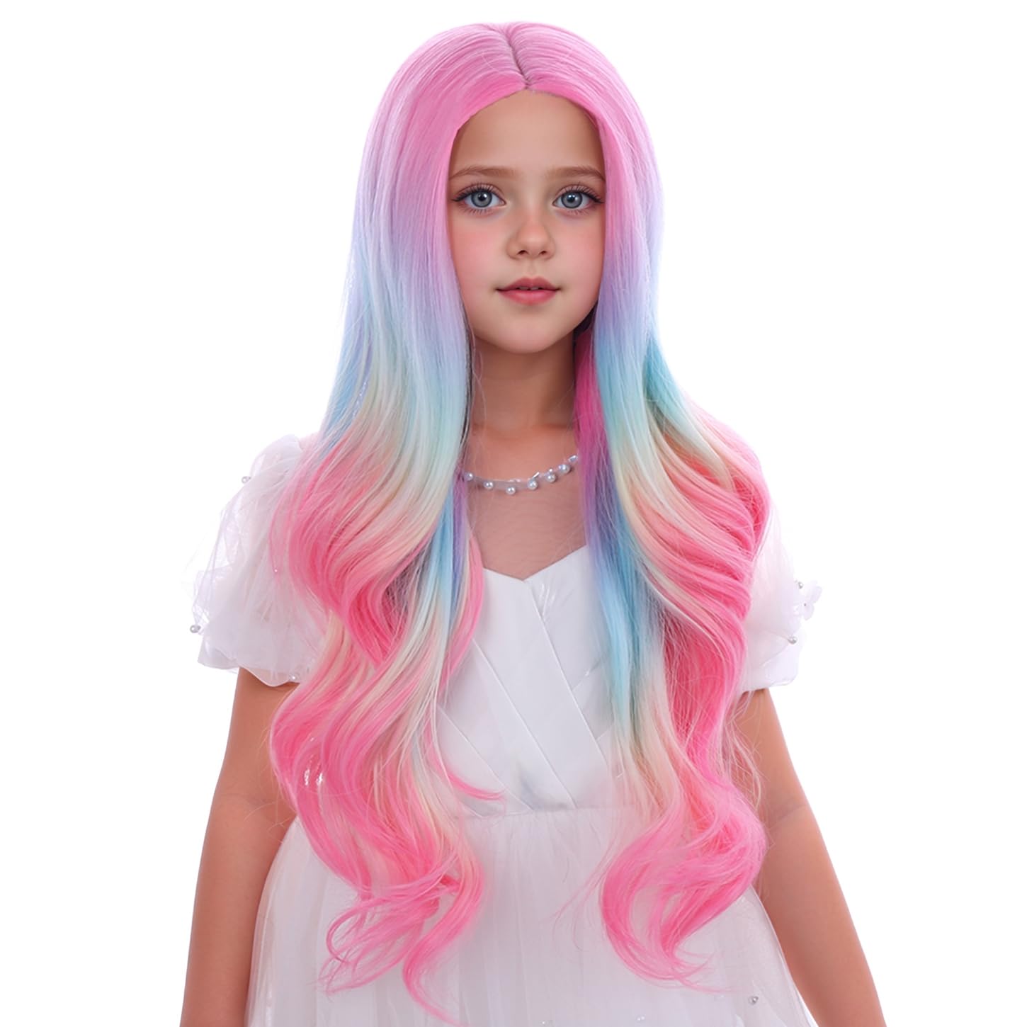 Kid Colorful Wig Long Rainbow Wig for Girls Children Multi-color Wavy Curly Middle Part Wigs Include Wigs Cap