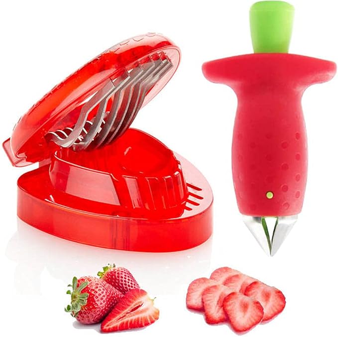 Strawberry Huller Fruit Slicer Set, Berry Stem Leaves Huller Gem Remover Removal Fruit Peeling Tool Kitchen Gadgets Corer Easy for Remove Strawberry Tomatoes and Stem Tool (2PCS)
