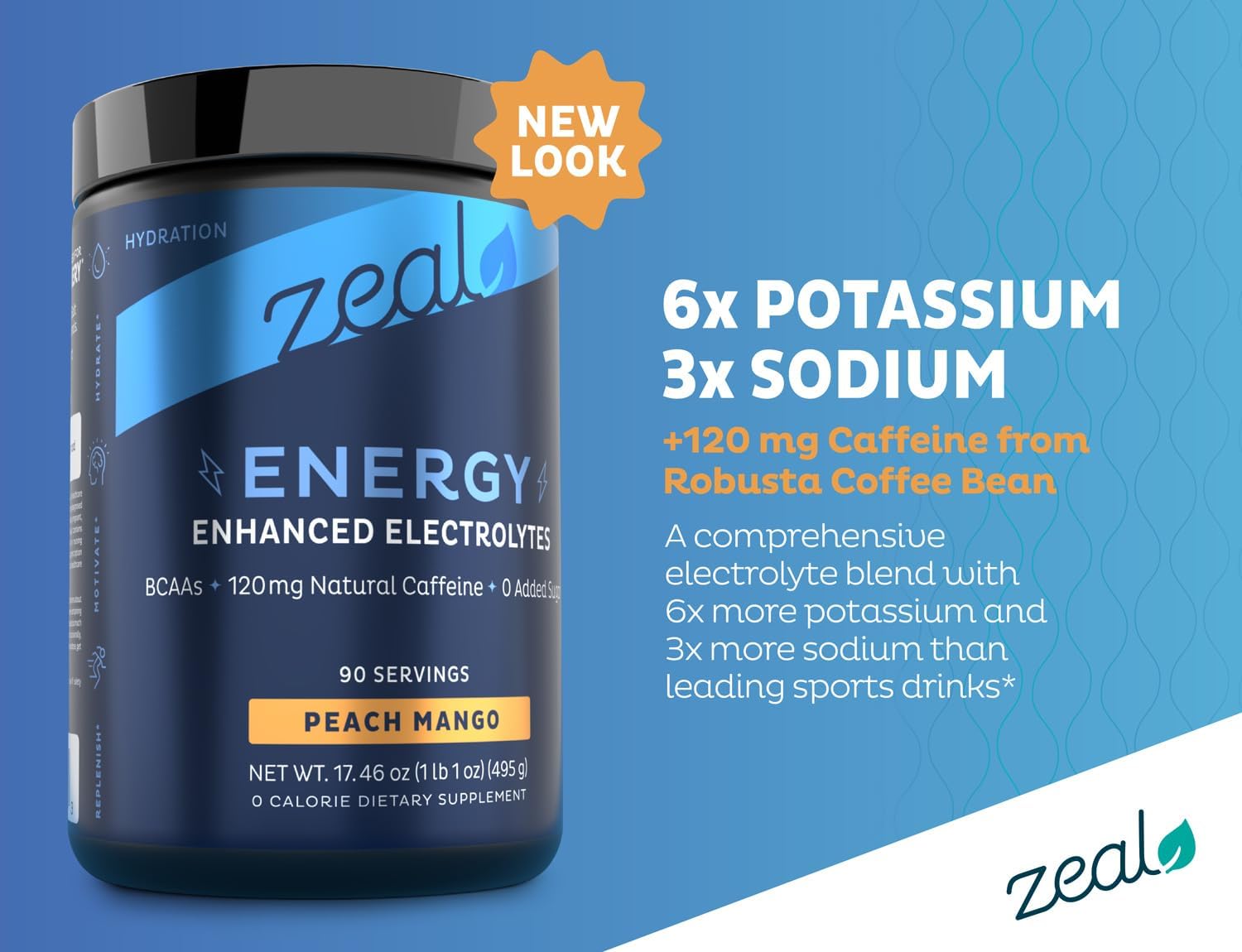 Zeal Naturals Pre-Workout Electrolyte + Energy Powder Drink Mix (90 Servings | Peach Mango) - Image 2