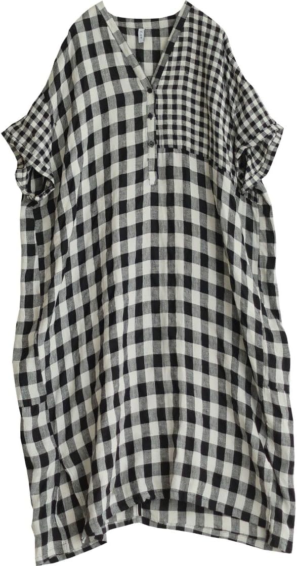 chouyatou Women's Summer Casual Loose Linen Dress Oversized Plaid Gingham Splicing Midi Cotton Dress - Image 7