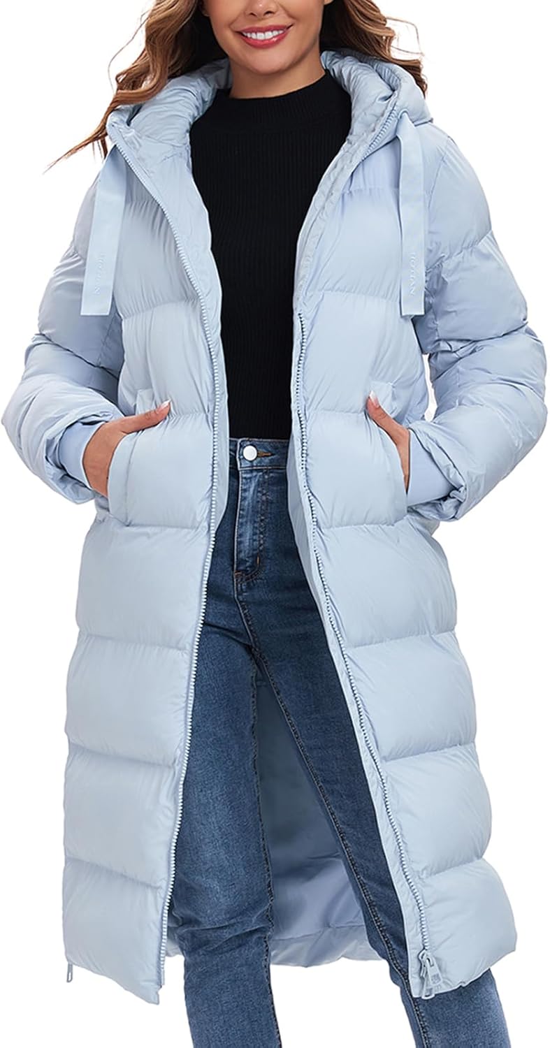 HOTIAN Women’s Thickened Down Jacketts Maxi Length Winter Warm Puffer Coat Hooded Parka Jacket Padded Outerwear