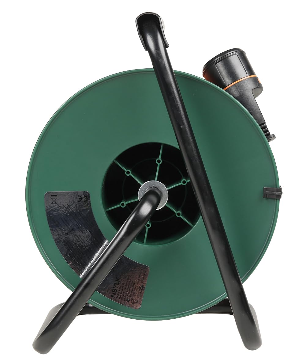 Extensor con contacto de protección, 50 m, con carrete de cable y sistema de bloqueo, H05VV-F 3 x 1,5 mm², fuerza de tracción de 12 kg, soporte de enchufe patentado, resistente y seguro, ideal