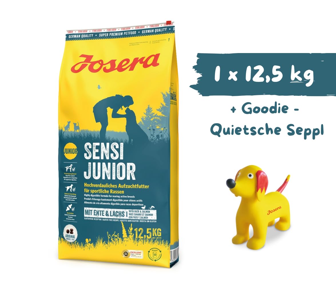 Josera - Hundefutter - Josera Exclusive SensiJunior - Trockenfutter 12,5 KG - Hochverdauliches Aufzuchtfutter für Hunde + Goodie Quietsche Seppl