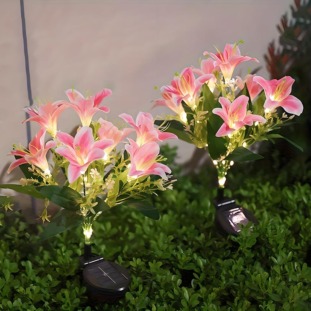 AoLa Confezione da 2 luci solari da giardino per uso esterno, lampada solare LED forma di giglio impermeabile IP65 con spina di terra luce a forma di fiore simulato decorazione, luce calda,Rosa