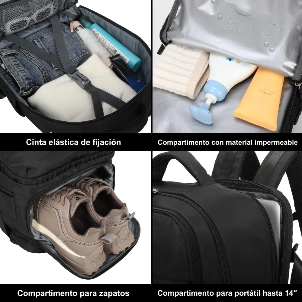 1990s Mochila de viaje cabina expandible para Ryanair 40x25x20-25cm,con bolsa de zapatillas,mochila casual impermeable extensible compatible con portátil 15" - 4