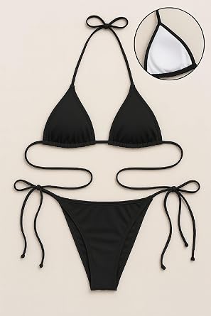 Kad n Siyah Yandan ve Boyundan Ba lamal  Bikini Mayo Tak m