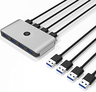 USB 3.0 Switch Selector 4 Port 4 Computers Peripheral Switcher Adapter Hub for PC Printer Scanner Mouse Keyboard with 4 Pack USB Male Cable and a Power Cable