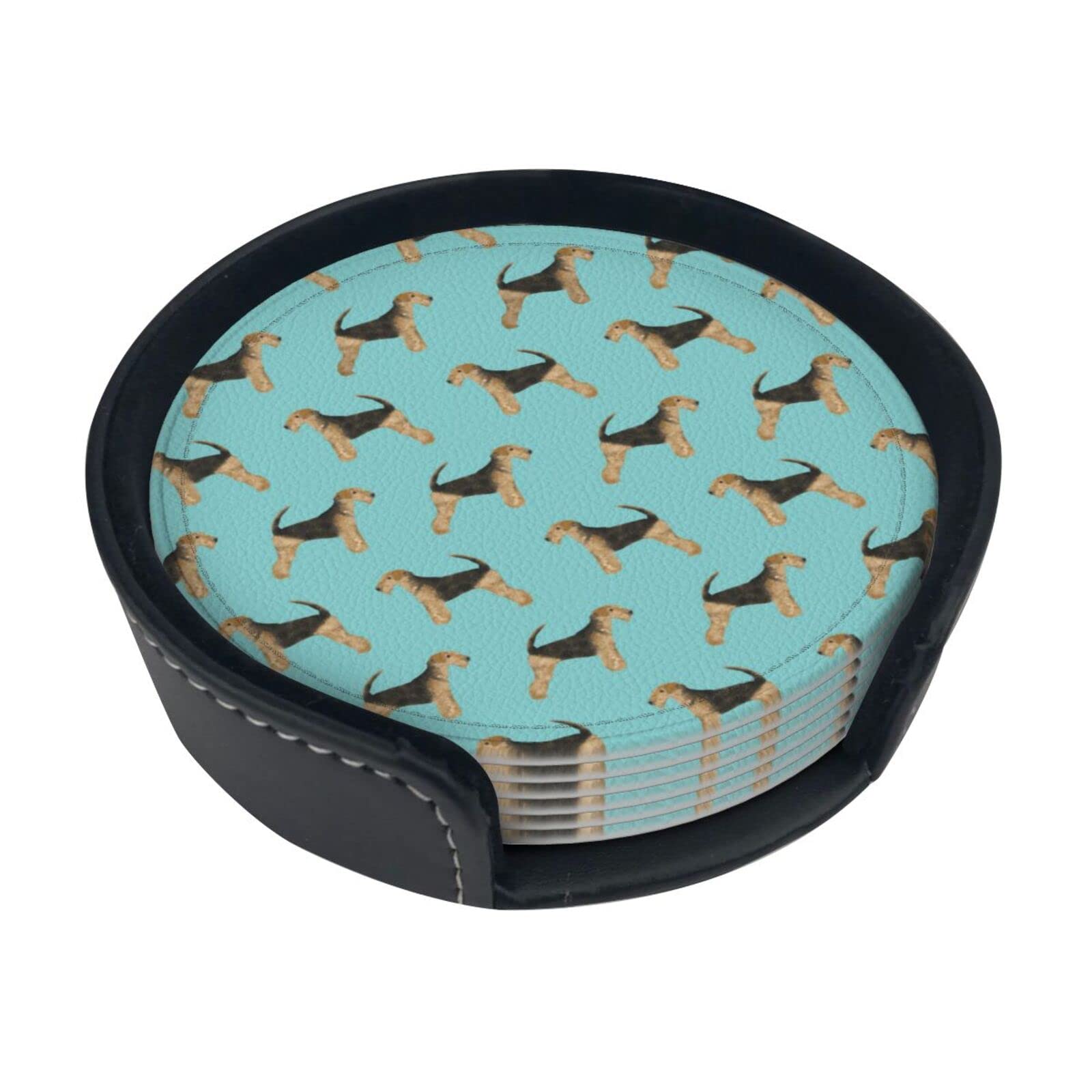 Wicron As Picture Round Coasters, Airedale Terrier Dog,Mugs Pad Cups Mat Set Of 6 Leather Drinks Coasters With Holder