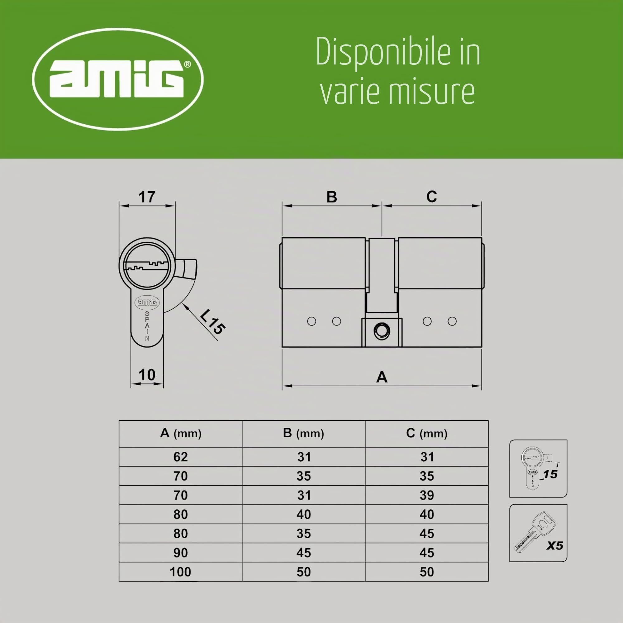 Amig - Cilindro di Sicurezza | Serratura Anti-Pick e Anti-Urto | 5 Chiavi Incluse | Anti-Bumping e Antigrimaldello | Acciaio Inox | Per Porte in Legno, Argento Opaco, 80 (35-45 mm)