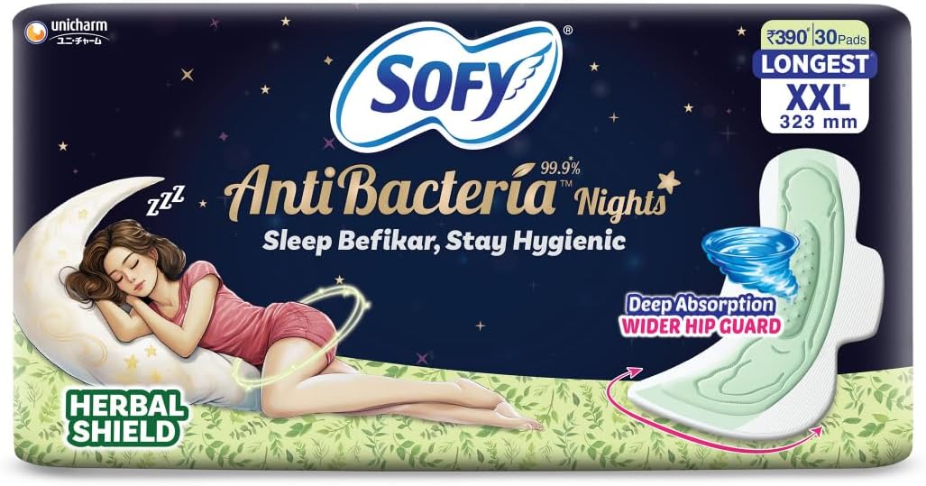 Sofy Women Anti Bacteria Longest XXL Sanitary Pads |Night Protection|Wider Hip Guard| Deep Absorption | Herbal Shield | Hygiene & Herbs | XX-Large, Pack Of 30