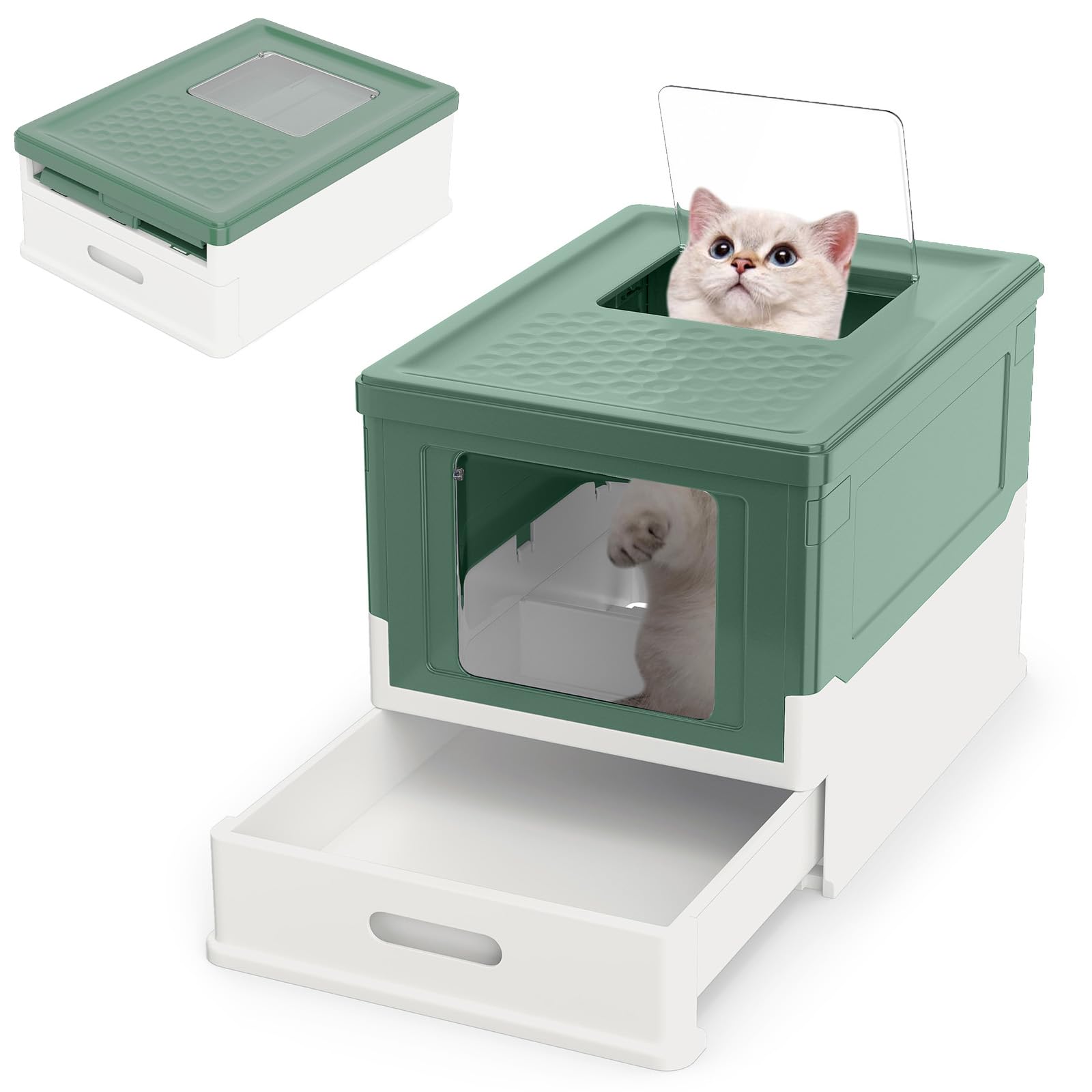 GYMAX Katzenklo, großes Katzentoilette mit Schublade, Einstieg Vorne & Oben, Katzenstreuschale mit rutschfesten Füßen, Reinigen & Geruchskontrolle, 50 x 38 x 37 cm (Grün)