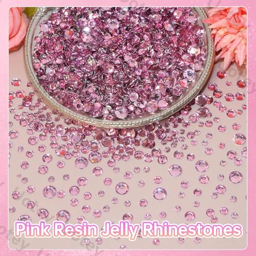 Image of 16000Pcs Flatback Pink Gems Resin Rhinestones for Crafting Tumblers Mugs | Mixed Sizes Pink Jelly Rhinestones Bedazzling Crystal with Pickup Tool for DIY Crafts Clothing Shoes Fabric Nail Art