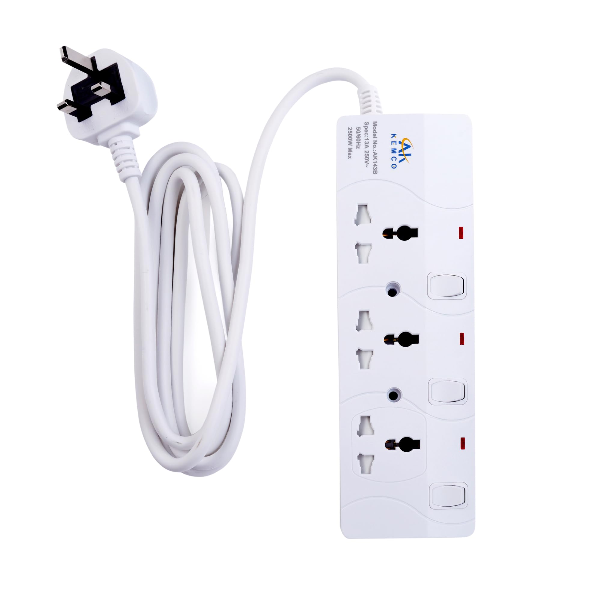 Kemco 3 Way Universal Extension Cord Power Cord Power Strip Extension Lead Ak-143 (5 Meter) Cable