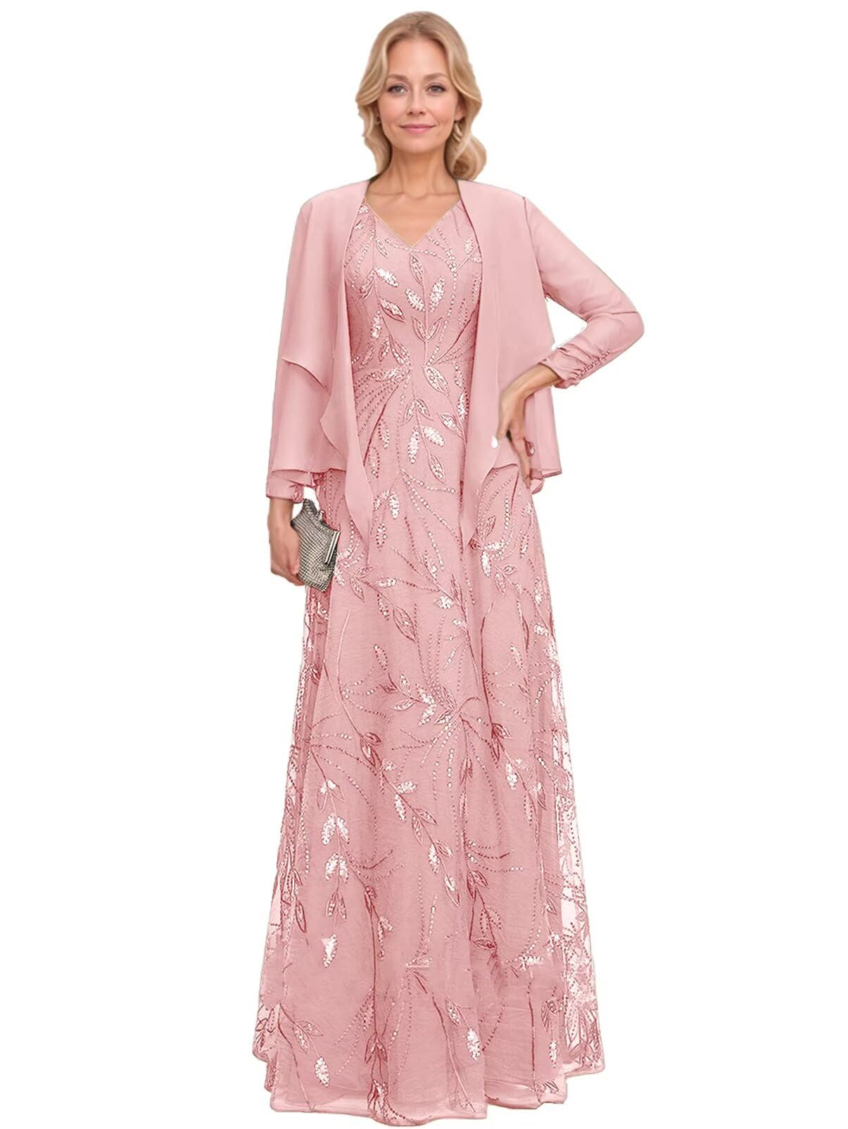 2 Pieces Sparkly Sequin Mother of The Bride Dresses for Wedding Guest Long Sleeves with Jacket Formal Evening