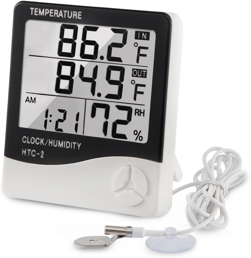 Digital Thermometer Hygrometer Indoor Outdoor Temperature Meter Humidity Monitor with LCD Alarm Clock, 3M Probe Cord Temperature Humidity Gauge for Bedroom Greenhouse Garage Warehouse,Fahrenheit or Ce