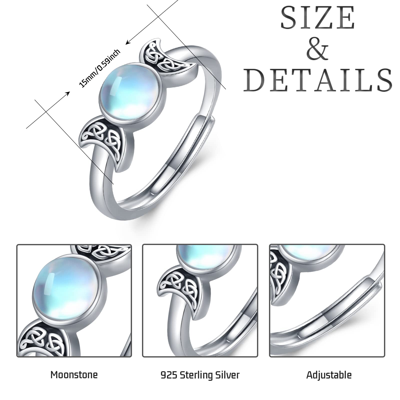 Triple Mond Göttin Ring 925 Sterling Silber Mondstein Mond Ring Triple Mond Göttin Schmuck Geschenke für Frauen Mädchen