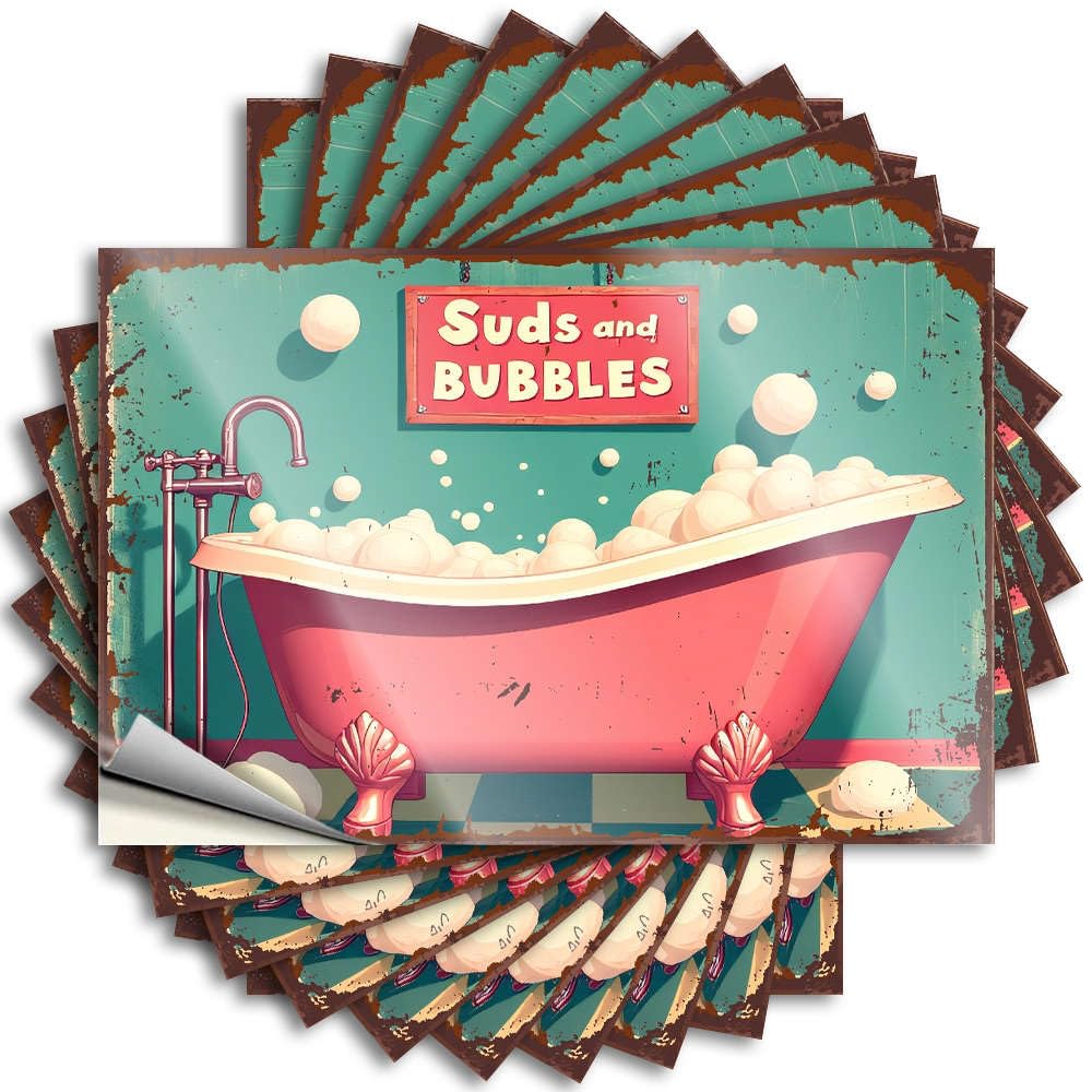 Tattoo Funny Easy Apply | A Vintage-Style Illustration of A Pink Clawfoot Bathtub Filled with Bubbles Crazy Garage Peel and Stick(12X18CM)