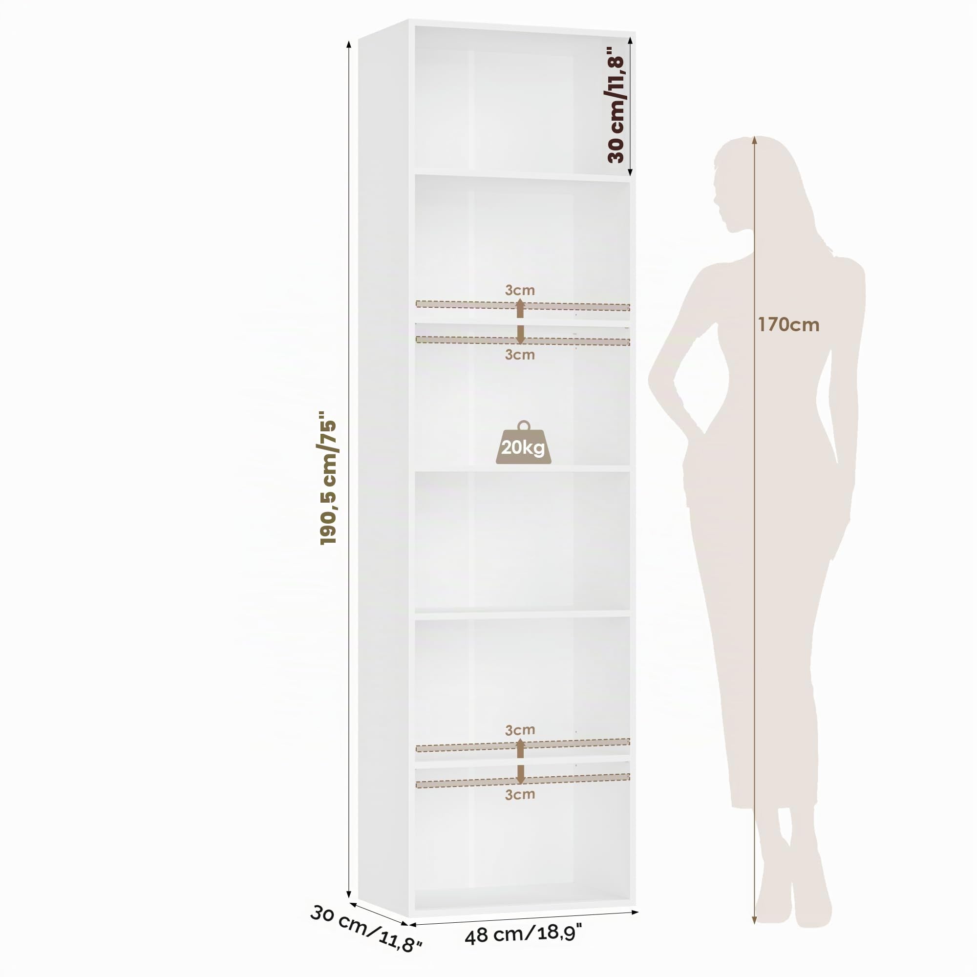 FirFurd Estantería Libros Sinfonier Alto Librería Madera, 6 Compartimentos | Librería Estantería, Biblioteca, Estanterias Almacenaje, Estrecha y Alta, para Salón Oficina Dormitorio Blanco 48x30x191Al.cm