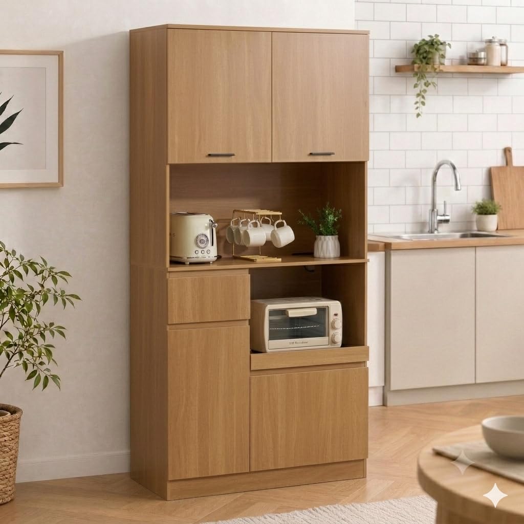 Amazon｜食器棚 カップボード レンジ台 キッチン収納 幅90cm 木目調 大