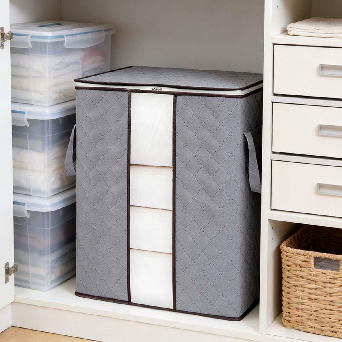 Comforter Storage Bag,Large Capacity Organizer for Bedding,Clothes Bins Foldable Closet Organizer Containers for Blanket,Comforters,Bed Sheets,Pillows(Grey)