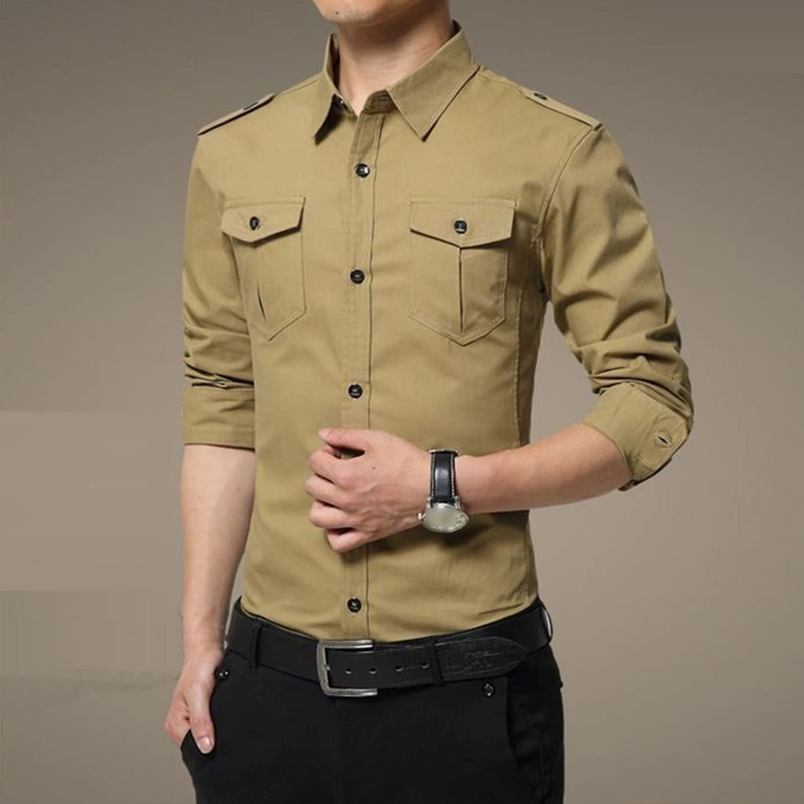 Men's Long Sleeve Button Down Shirts Turn-Down Collar Slim Fit Shirt Stylish Business Tactical Shirts with Pockets (Khaki,XX-Large)