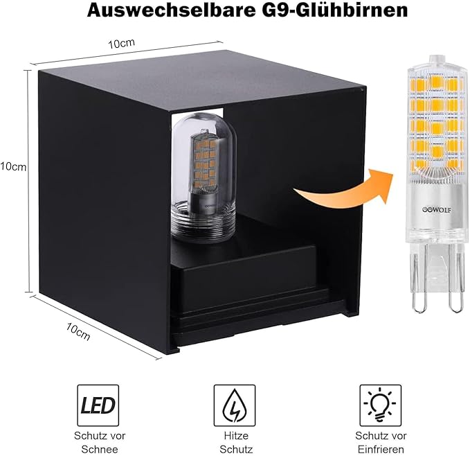 OOWOLF OOWOLF Pak van 2 stuks LED Wandlamp Binnen/Buiten, Moderne Op/Neer Wandlamp met 2 Vervangbare G9 LED-lampen, LED Buitenwandlamp IP65 Waterdicht Aluminium Warmwit 3000K photo 3