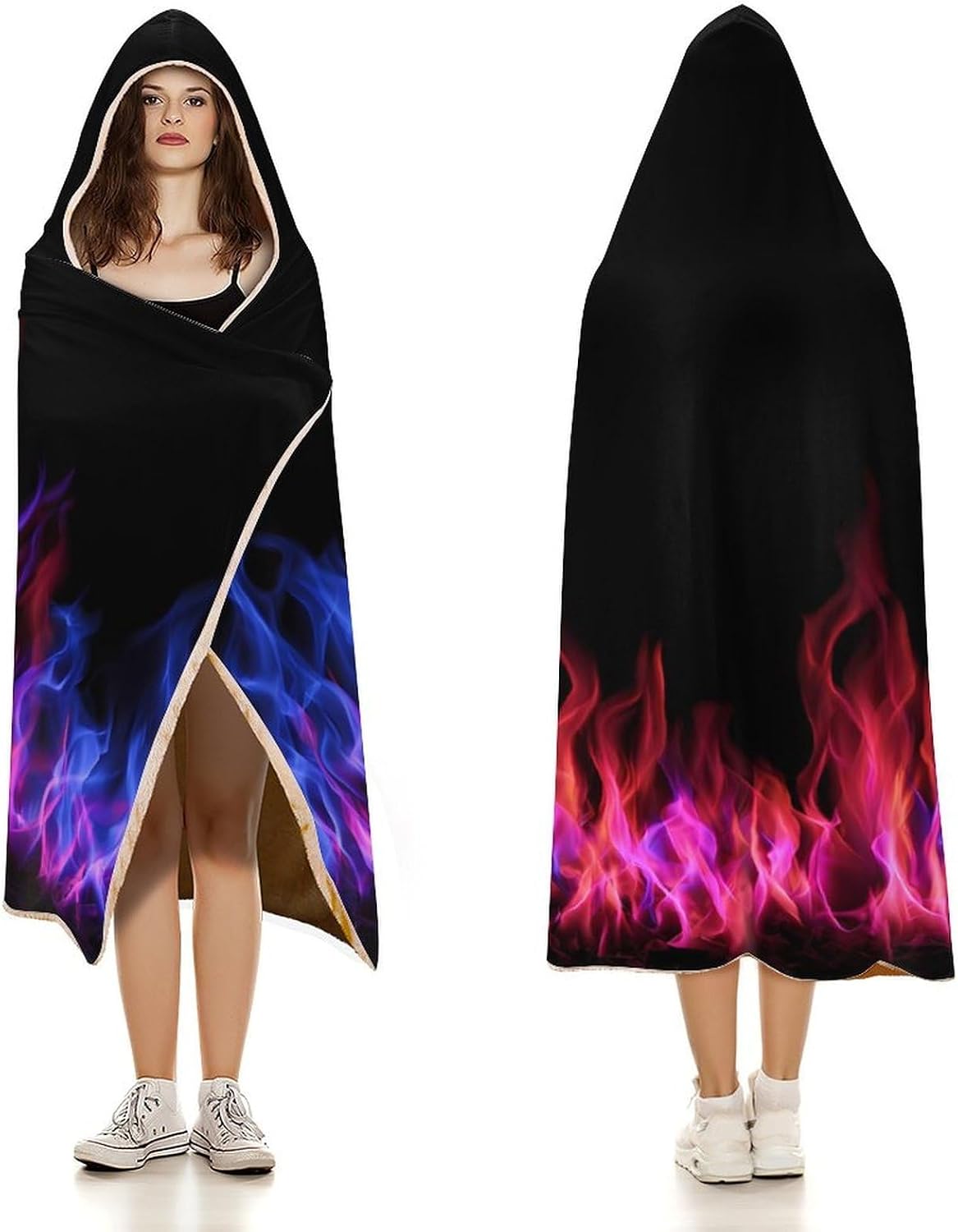 Blue And Red Fire Flame Wearable Blanket Oversized Throw Cape | Cozy Hooded Blanket Gifts for Women Men